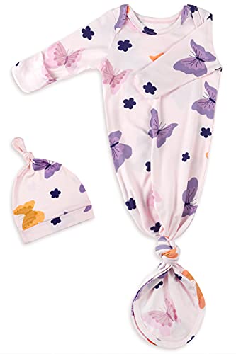 Image of Newborn Baby Knotted Gown for Girls, Newborn Hospital Outfit with Mitten Cuffs, Super Soft Silky Infant Long Sleeve Gown