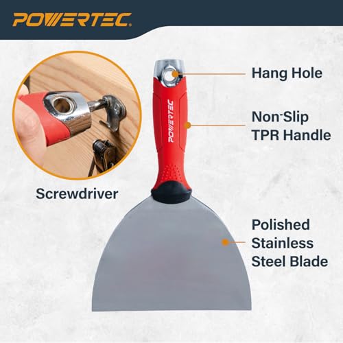 Image of POWERTEC 6-Inch Stainless Steel Drywall Joint Knife - Flexible Blade, Soft Grip, for Patching, Taping, Scraping (72173)