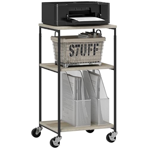 HOMCOM Support d'imprimante à 3 Niveaux, Meuble pour imprimante, sur roulettes, Hauteur réglable, Cadre en Acier, pour Bureau, Maison, Effet Bois Gris