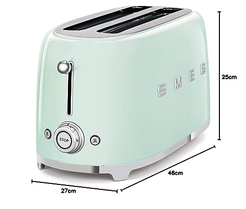 Smeg, Grille-pain 4 Tranches TSF02PGEU, 2 Fentes 36 mm, 6 Niveaux de Brunissage, Fonction Chauffage, Décongélation et Bagel, Éjection Automatique du Pain, Ramasse Miettes, 1500 W, Vert Pastel