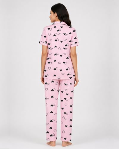 Image of Kuchipoo Women's 100% Cotton Nightwear Pajama Set | Printed Half Sleeve Button-Down Top & Full Length Pyjama | Soft Comfortable Sleepwear