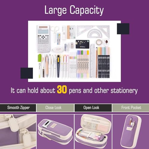 Image of Mrsdry Nylon Large Capacity Pencil Pouch, Durable Storage Multiple Compartment Double Zipper Portable Capacity Pencil Box for Kids College Student Teen, 22X11Cm (Purple)