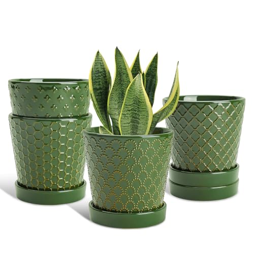 Image of EFISPSS Ceramic Plant Pots, 5 Inch Planters with Drainage Holes and Ceramic Tray, Relief Design Flower Planter, Desktop Office Windowsill Decoration Gift Set of 4 - Blackish Green
