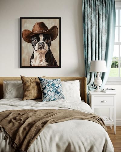 Image of Boston Terrier Cowboy Hat Black Framed Wall Art Print Poster, Dog Pet Lover Picture Painting Artwork Bedroom Living Room Office Dining Room 150D (Boston Terrier Cowboy Hat, 10 inch L x 8 inch W, Black Frame)