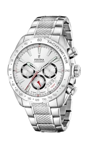 Festina Montre Homme Analogique en Acier Inoxydable 316L Argenté - Mouvement Quartz - Chronographe - Calendrier - Verre Minéral Résistant - Étanche 10 ATM...