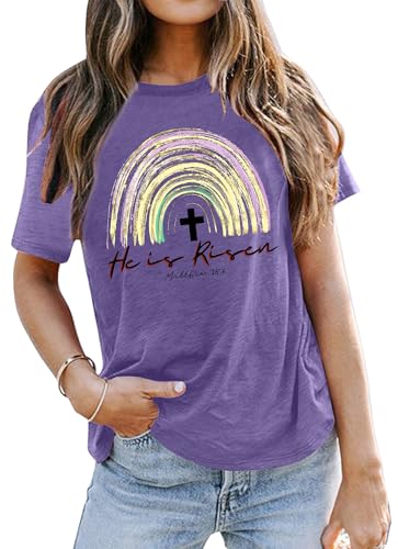 Image of Ithalt Easter Shirts for Women He is Risen Tshirt Easter Christian T-Shirt Jesus Lover Short Sleeve Tops