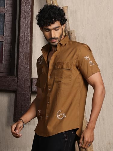 Image of Thomas Scott Men's | Embroidered Printed | Half Sleeve | Regular Fit | 100% Cotton | Double Pocket | Spread Collar | Casual Shirt