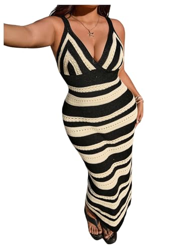 GORGLITTER Women's Plus Size Crochet Bodycon Maxi Dress Striped Sleeveless Knit Beach Long Sundress Black and White XX-Large Plus