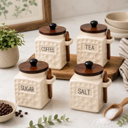 Image of The Deluxe Creations Ceramic Tea Coffee Sugar Salt Jars Set with Wooden Lid & Spoon | Premium Kitchen Storage Canisters | Airtight Containers | 500 ML Each | Set of 4