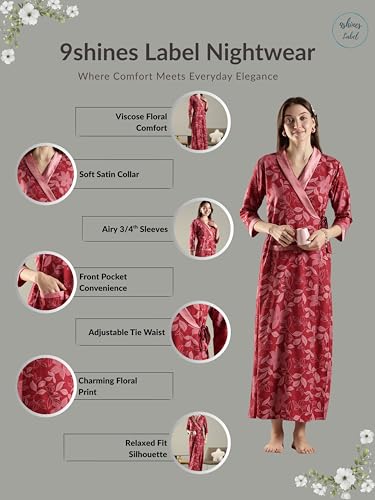 Image of 9shines Label Stylish Cotton Nighty Robe for Women | Front Open Floral Housecoat | Wrap Nighty with Pocket | Adjustable Waist Tie | Plus Size housecoat (HC-2026)