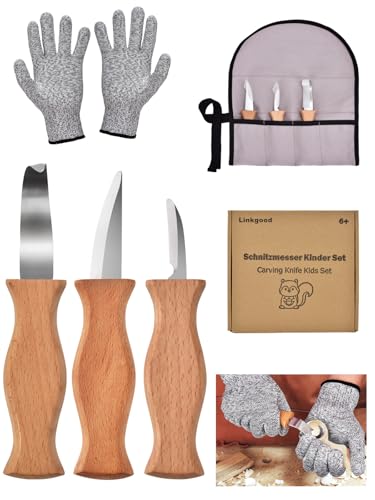Linkgood Ensemble de couteaux de sculpture pour enfants à partir de 6 ans, kit de sculpture de haute qualité pour enfants, y compris gants résistants aux coupures, outil de sculpture créatif