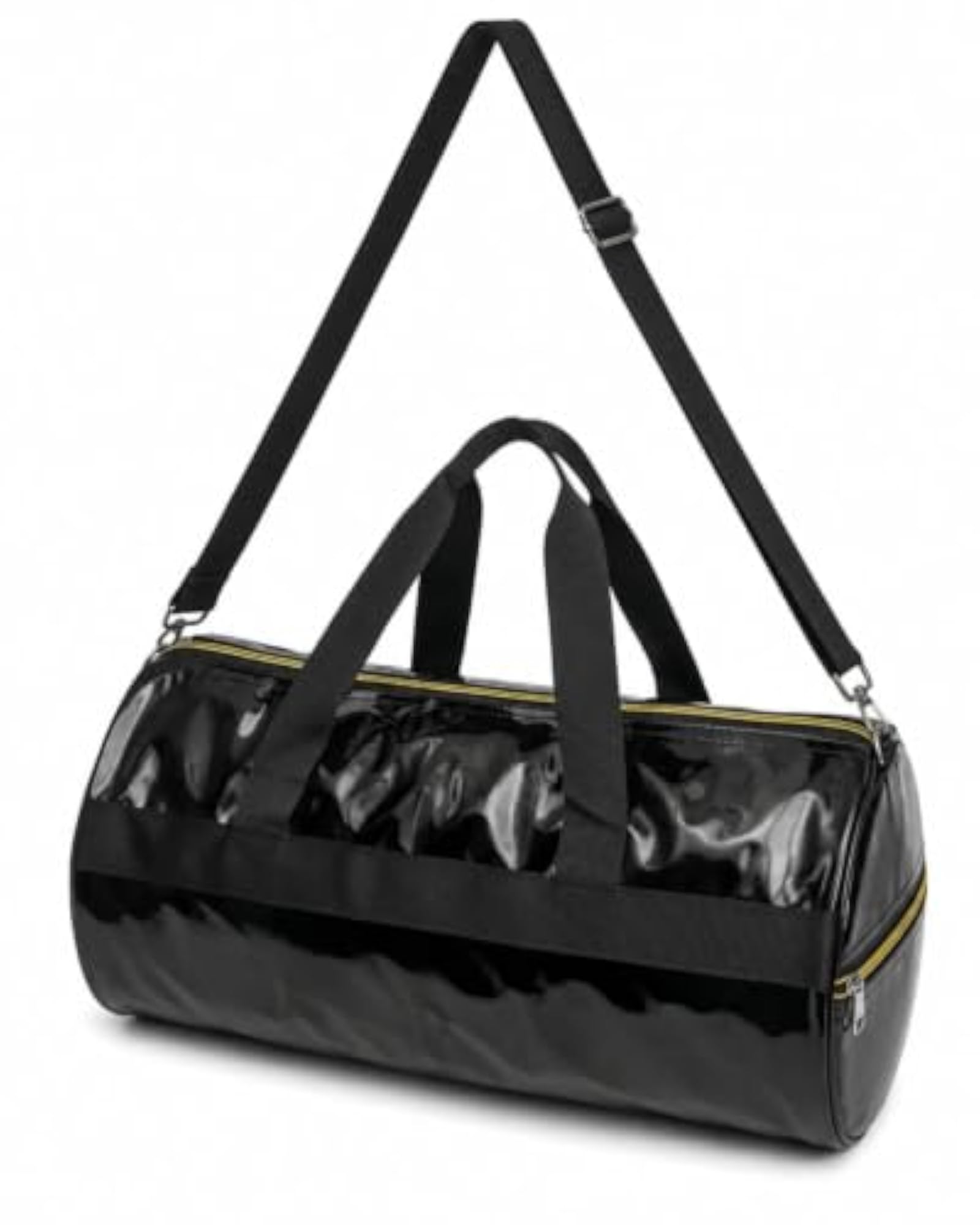 Black Patent Finish Duffle Bag with Adjustable Shoulder Strap