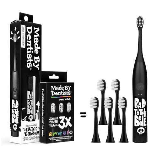 Image of Made by Dentists Sonic X Electric Toothbrush - Rechargeable Kids Sonic Toothbrush, 8X Plaque Removal, 2 Speed Modes, 2-Minute Timer 6 Brush Heads Included, Tweens Ages 7+, Bad to The Bone Edition