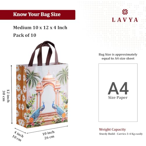 Image of Lavya Medium Size Return Gift Bags | Reusable Non-Woven Metallic Laminated Matt Finish Carry Bags for Weddings, Traditional Gifting, Shagun, Jewellery, Sweets & Dry Fruit Boxes (Peacock Mahal, M-10x12x4, Pack of 10)