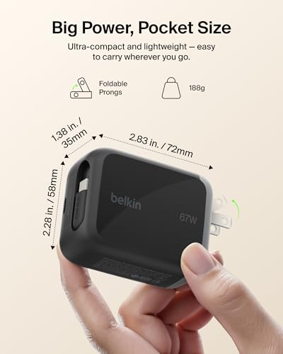 Image of Belkin 67W GaN USB C Retractable Charger Block Fast Charging for Travel