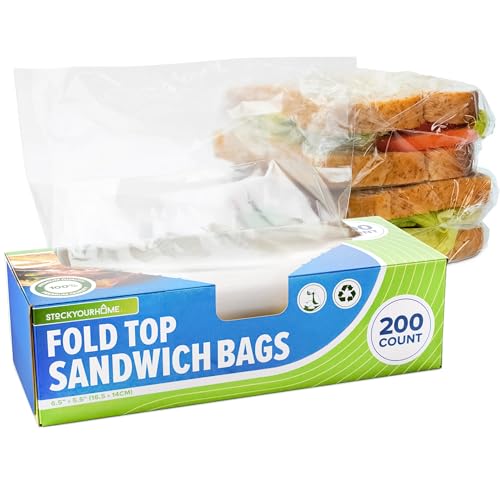 Stock Your Home 200 Count Clear Fold Top Sandwich Bags Bulk Disposable Plastic Bags with Fold Over Closure for Restaurants Caterers and Home Food Storage