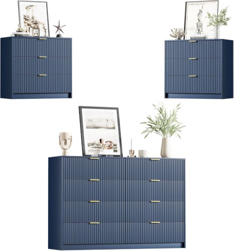 Image of Furniway 3 Piece Bedroom Set, 8 Drawer Dresser and 3-Drawer Nightstand Set of 2 with Gold Handles, Navy Blue Modern Wood Chest of Drawers Storage Cabinet for Bedroom