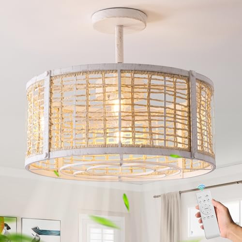Beiduna 20Inch Rattan Caged Ceiling Fan with Light, Boho Rattan