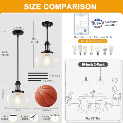 Image of Modern Pendant Lights Kitchen Island, Matte Black Pendant Light Fixtures with 10 inch Hand Blown Crack Glass Shade, Industrial Hanging Pendant Lights Fixture for Kitchen Island Dining Room Entryway