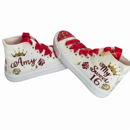 Sweet 16 Sneakers Sneakers - Birthday 16 personalized Shoes withCrown and Roses - Zapatillas de 16 Red and Gold Customized Shoes - Dancing 16th Party (5)