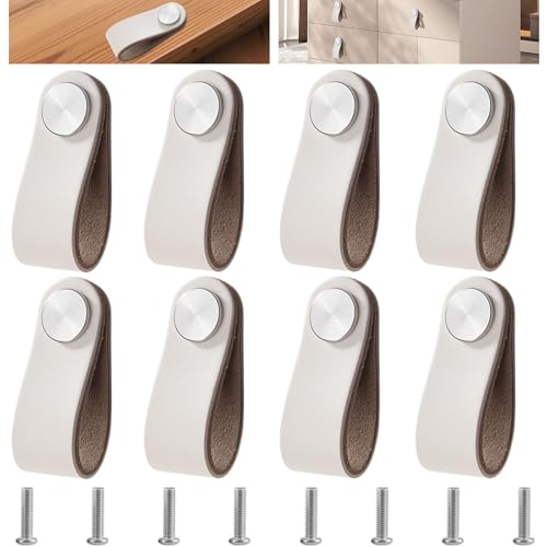 Dtoterul 8 Piezas Tiradores Cuero para Muebles Blanco, Manija Del Gabinete de Cuero, Pomos de Piel para Armarios, Pomos Tiradores Cuero con Tornillos
