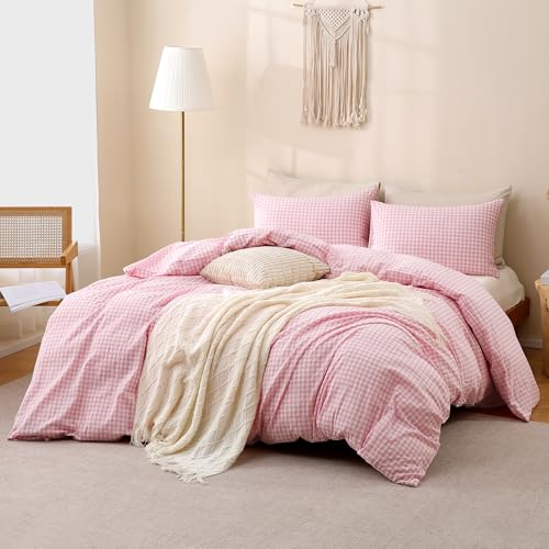 Image of TOCOMOA Pink Gingham Duvet Cover Bedding Set 100% Washed Cotton Like Linen Feel Super Soft Comfortable 2 Piece Cute Plaid Checkered Comforter Cover Set (Twin 68 inchx90 inch, Comforter Not Included)