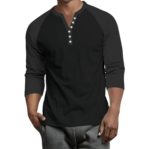 3/4 Sleeve T Shirts for Men Summer Crewneck Button Up Henley Shirt Colorblock Business Casual Tops