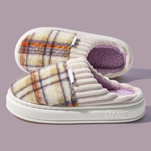 ZSpzx Women's Fuzzy House Slippers Checkered Faux Fur Lining Casual Soft Sole Outdoor Indoor Slippers Fall Winter Warm Fluffy Plush Thermal Anti Slip Comfortable Bedroom Shoes2
