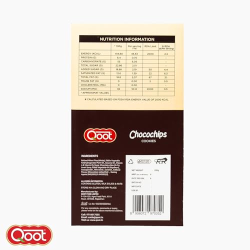 Image of Qoot Choco Chip Cookies (Pack of 3 x 200g) | Healthy, Crunchy Nutty Cookies & Biscuits | No Palm Oil, No Preservatives, No White Sugar | Natural, Protein-Rich Snack | Freshly Baked Snacks for Tea, Breakfast & Gifting