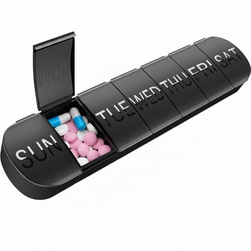 Sumiko Black Portable Pill Box – 7 Day Large Medicine Box for Capsules and Tablets – Pill Box for Me...