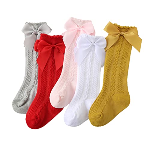 Image of Yeshore Baby Girls Knee High Socks Bow Tube Ruffled Cotton Long Stockings | 5 Pairs, Seamless, Knit Cotton, Leg Warmers for Newborn Infants and Toddlers