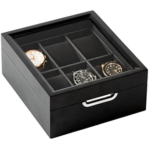 CASE ELEGANCE Watch Box Modern 2x3 Black Finish with Custom Aluminum Handle 6-Slot with Real Glass Cover