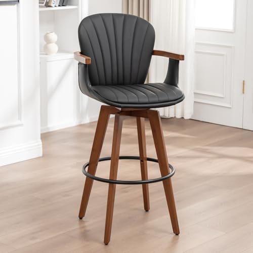 Image of LUNLING 30 inch Bar Height Stools,Mid Century Modern Bar Stools,Black PU Leather Kitchen Island Stool,Wood High Barstools Swivel with Back and Arms for Home Bar Furniture,1PCS