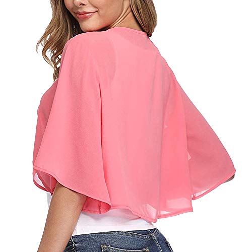 Ladiery Women's Shrugs Chiffon Short Sleeve Open Front Bolero Cardigan Outerwear Shawl Evening Wedding Cape Shirt Tops Pink #TOP2