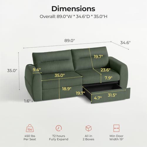 Image of 88.6 inch Modern Storage Loveseat Sofa, Small Couches for Living Room, Green | Corduroy, USB Charging, Pull-Out Storage, Deep Seat, Comfy Love Seat for Small Spaces, Apartment, Bedroom, Dorm, Office
