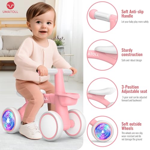 Image of Umatoll Colorful Lighting Baby Balance Bike Toys for 1 Year Old Girl Gifts, Adjustable Seat, First Birthday Gifts, 12-24 Months Toddler Bike, Pink