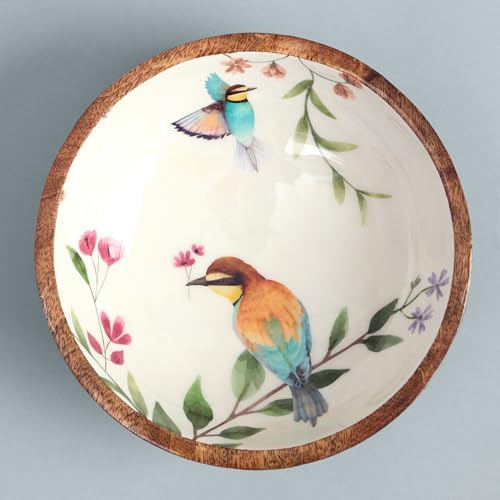 Image of SAAGA Printed Mango Wood Mixing Bowl - 8 x 2.5 Inch Large Wooden Serving Bowl | Stylish Salad, Fruit & Snack Bowl - Mistletoe Finish