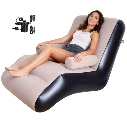 STARBRILLIANT Inflatable Deck Chair with Air Pump, Foldable Lounge Chair for Bedroom and Living Room, Indoor Sofa Lounge with Handrails (Brown)…