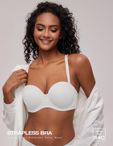 Deyllo Women's Strapless Bra Padded Cup Push Up Plus Size Full Coverage Underwire Support(White,34D) - Image 3