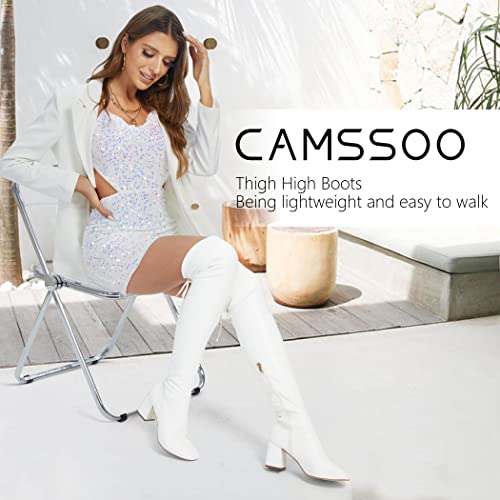 Camssoo Women's Thigh High Boots Heeled Over The Knee Boots Fashion Sexy Winter Low Chunky Block Heel Knee Thigh Boots White Matte Pu Size 8 Eu39 #TOP5