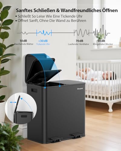 lovewind Mülleimer Küche 80L, 2 x 40L Mülltrennsystem mit 2 Fächern, Edelstahl Tretmülleimer mit Soft-Close Deckel… – Ansicht 6