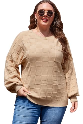 Plus Size Women's Light French Beige Textured Knit Solid Checkered Sweater