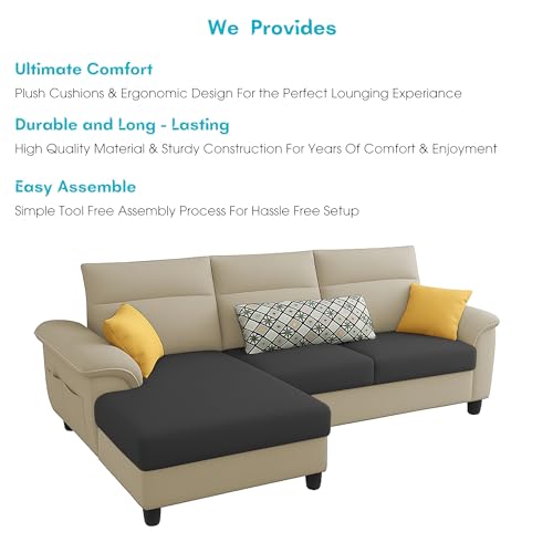 Image of Casaliving Seams LHS 4 Seater L Shape Sofa for Living Room (Cream Black Fabric) Premium Fabric Sofa