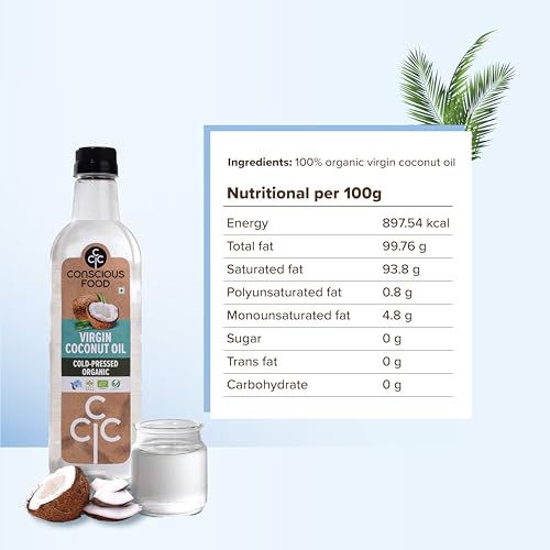 Image of Conscious Food Cold Pressed Virgin Coconut Oil, 500 ml | Organic | Boosts Heart Health, Good for Skin Care | Pure Coconut Oil with Rich Aroma | For Cooking, Hair Care, Oil Pulling | Pet Bottle