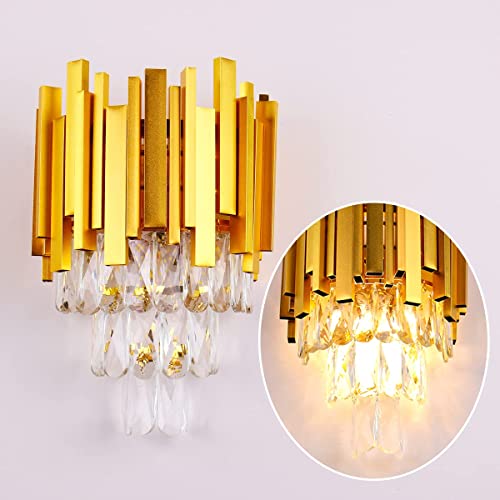 FRIXCHUR Crystal Wall Sconce Lights 3 Tiers Crystal Wall Lamp Modern Wall Lighting Fixture Bedside Night Lamp for Bedroom Bathroom Living Room Hallway,Gold,2 x E12 Base