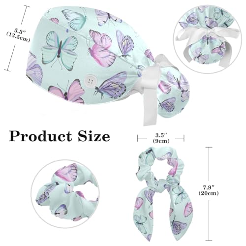 Image of Butterfly Scrub Cap Women with Ponytail & Buttons Adjustable Surgical Nurse Hat with Cotton Sweatband for Long Hair