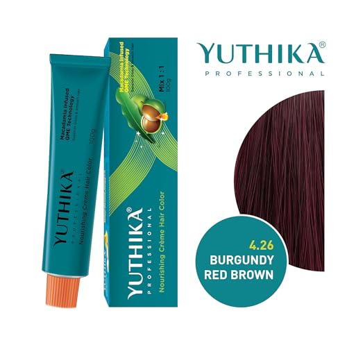 Image of Yuthika Professional Creme Hair Colour 100% Grey Coverage, Burgundy Red Brown Permanent Hair Colour with Macadamia Infused QME Technology, Salon-like Finish, 100gm