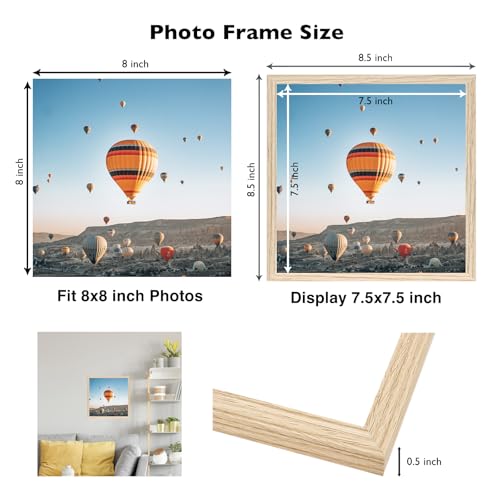 Image of JCJMY 8x8 Picture Frame for Wall Hanging or Tabletop, Wall Mounting Horizontally or Vertically, 8 x 8 Square Wall Gallery Poster Photo Frame with Shatter Resistant Plexiglass, Natural