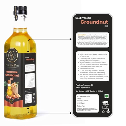 Image of Pure N Desi Cold Pressed Groundnut Oil 1 Litre | Wood Pressed Mungfali Ka Tel | Kachi Ghani Peanut Oil | 100% Natural | Chemical-Free | Unrefined | 1L