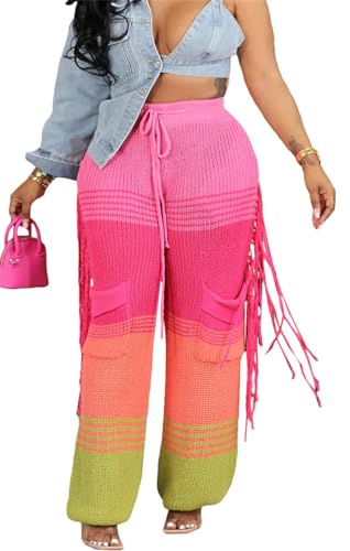 Womens Fashion High Waist Knitted Crochet Hollow Hit Color Tassel Pants Trousers Pink
